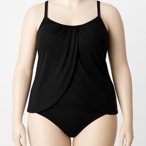 Denim & Co. Beach Draped Tankini with Ruched Waist Brief Black Size 16